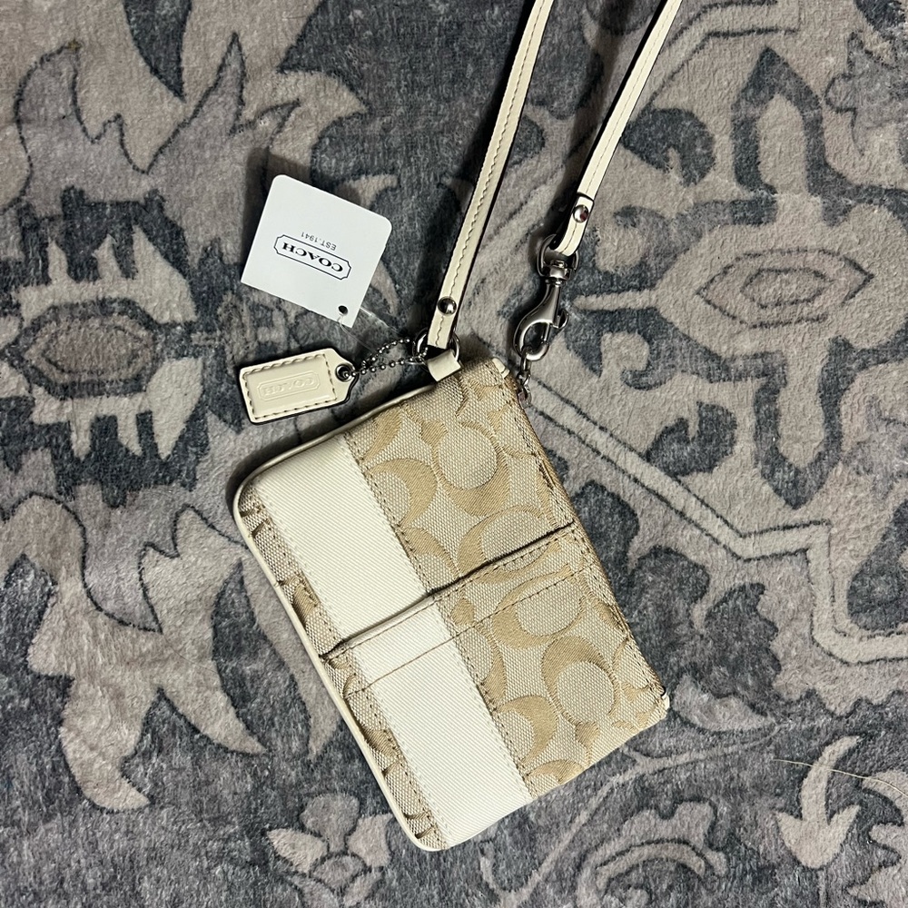 Coach Tan and White Signature Wristlet